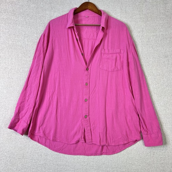 Beni Beni Tops - 100% Cotton Pink Boho Gauze Lagenlook Organic Festival Button Up Top Women XL